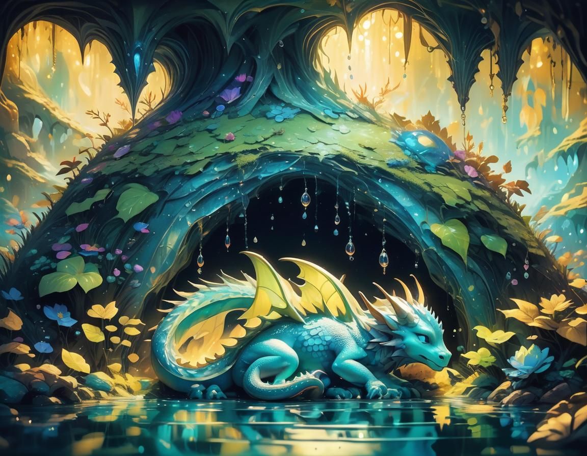 Baby Dragon Sleeping in a Magical Forest Cave
