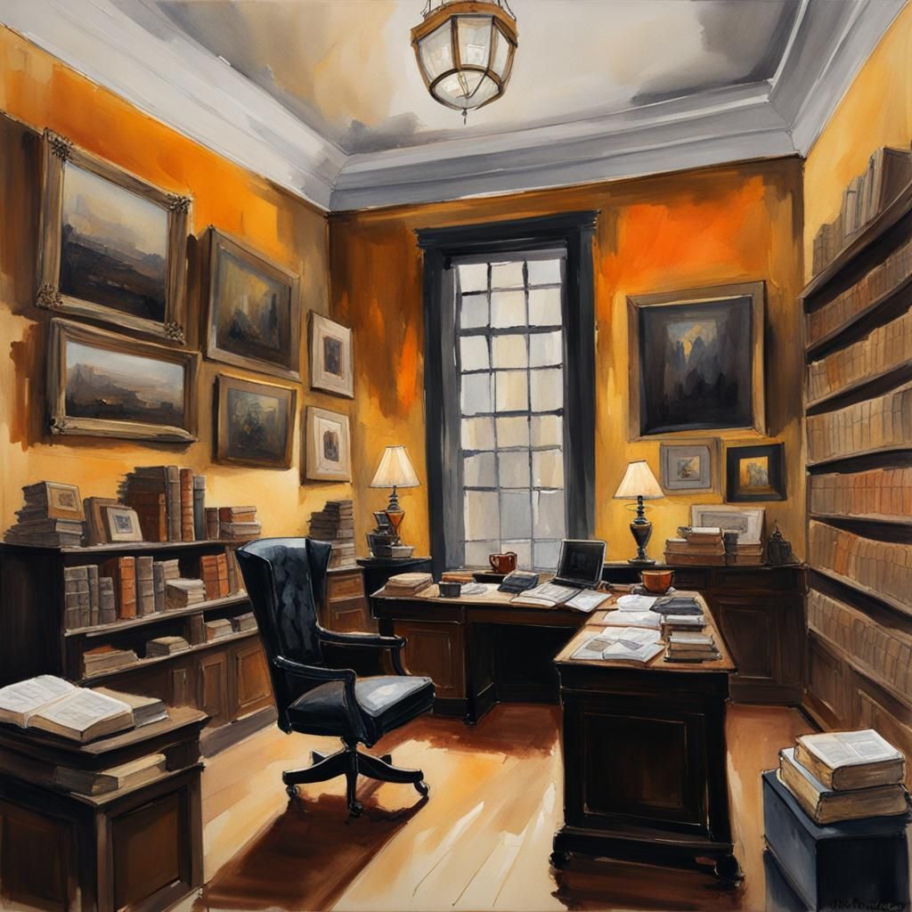 Aesthetic Watercolor Office with Certificates and Books