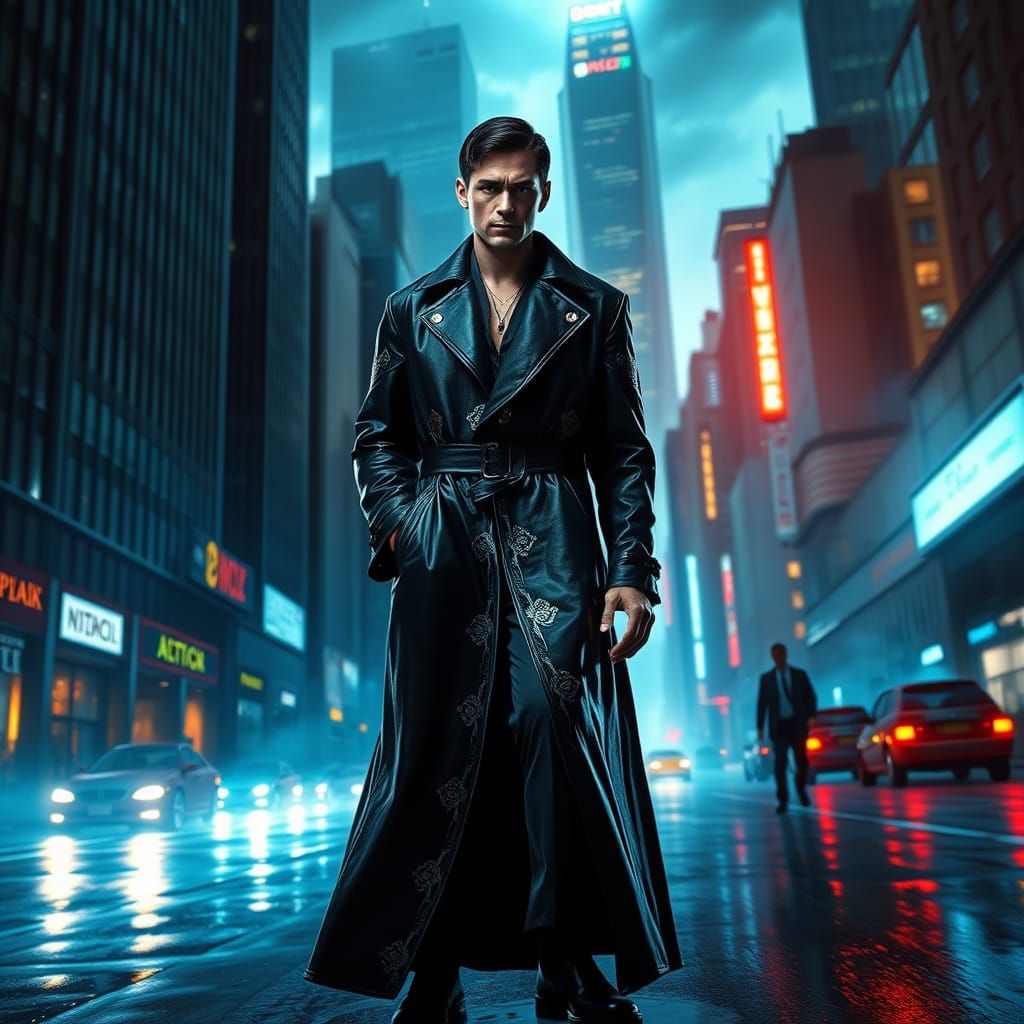 Neo in Dystopian Cityscape, Cyberpunk Style