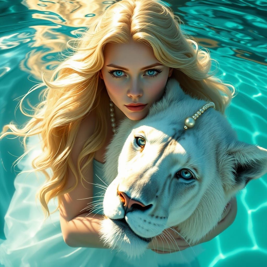 A lady with her loyal lion are taking a picture together