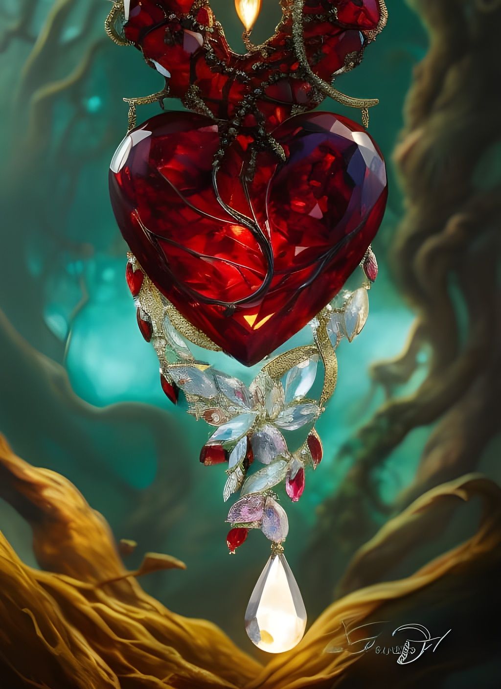 Glowing Ruby Heart Entwined in Vines, Digital Art
