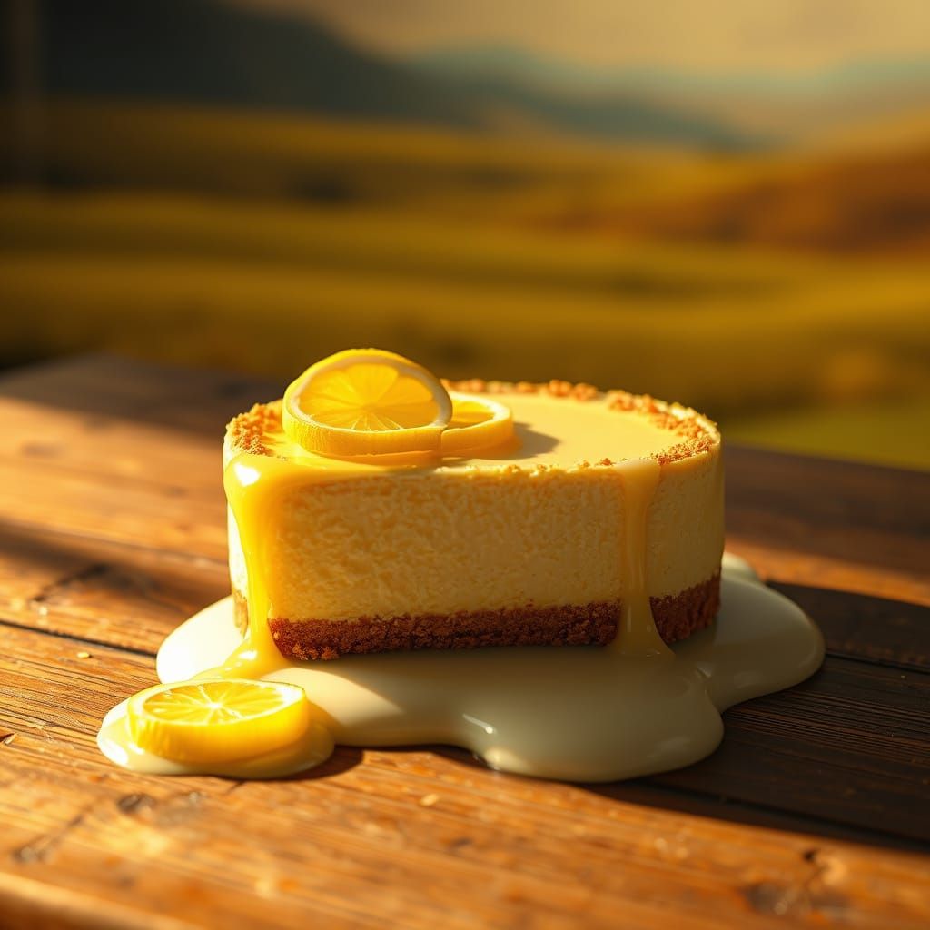 Surreal Lemon Cheesecake in Whimsical Dreamscape