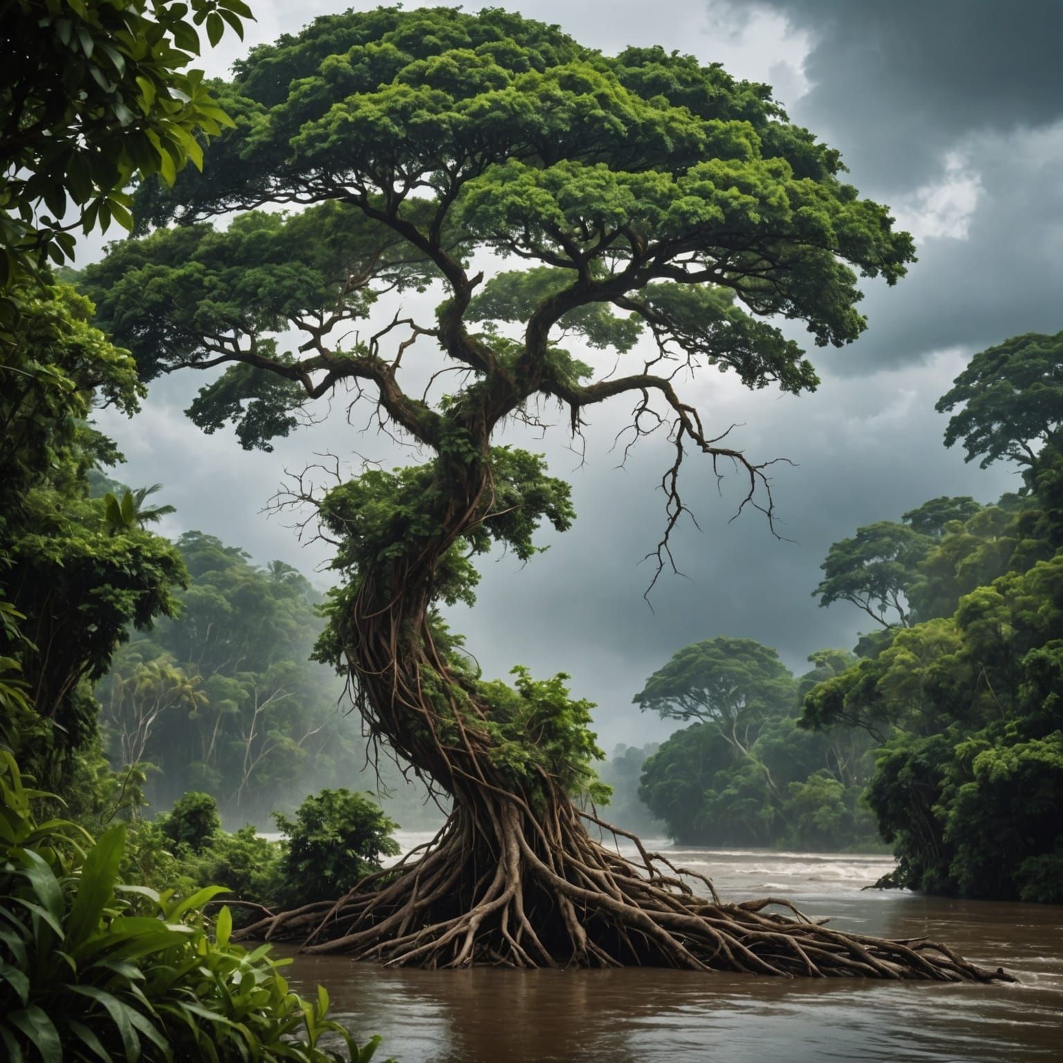 Tree Bending in Wind over Amazon River