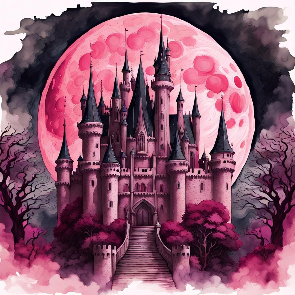 Gothic Castle Under Pink Moon: Digital Watercolor
