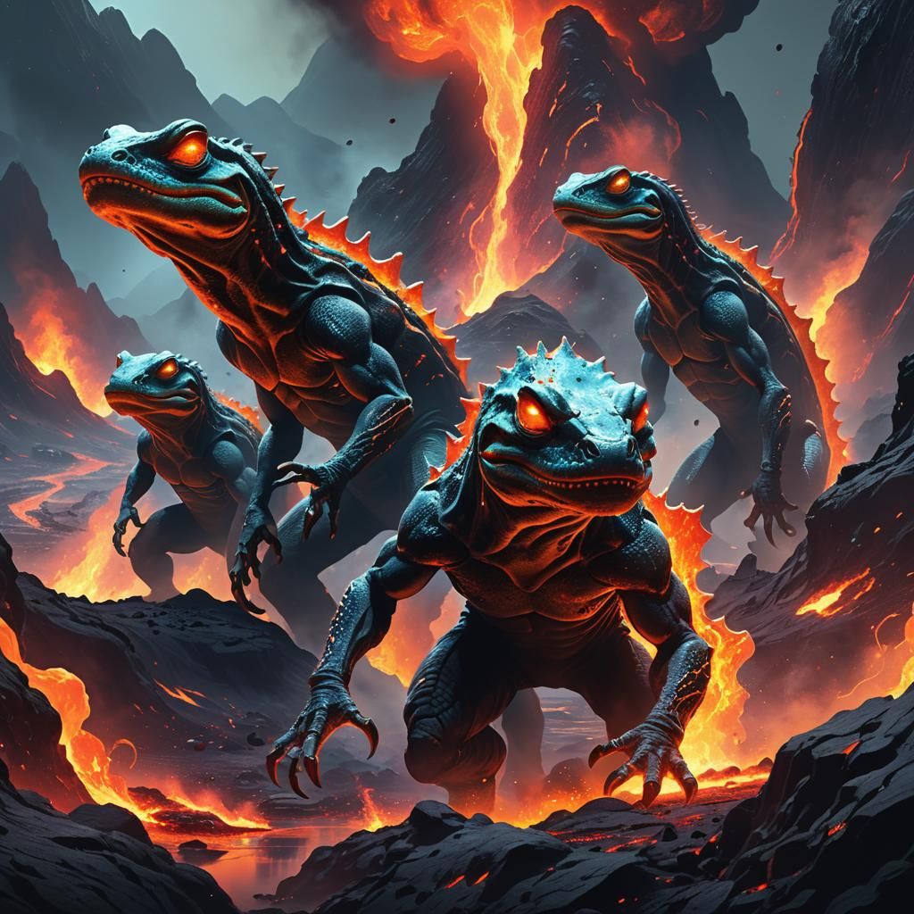 Volcanic Exoplanet: Reptilian Aliens in Dreamlike Sci-Fi Art