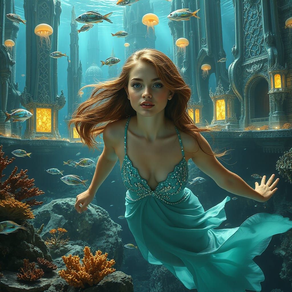 Underwater City Mermaid in Hyperrealistic Style