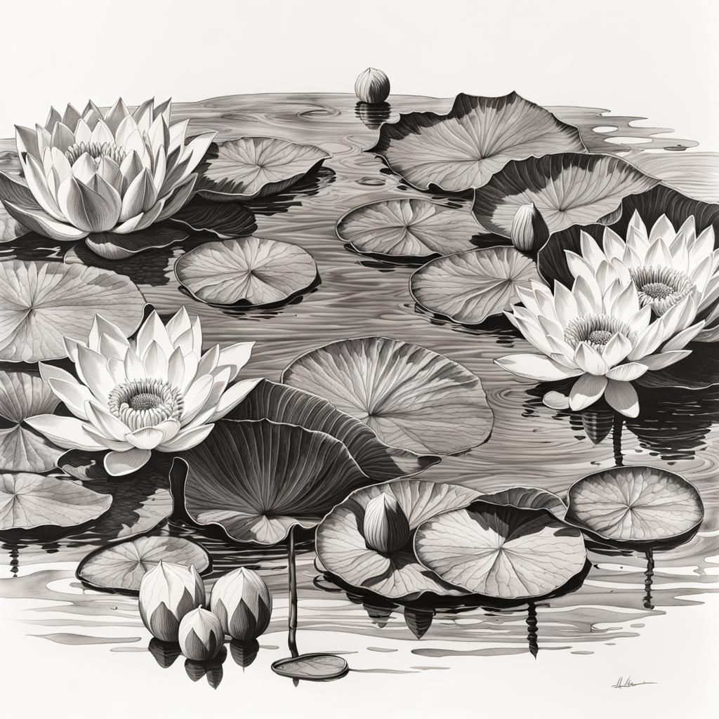 Detailed Ink Drawing of Water Lilies
