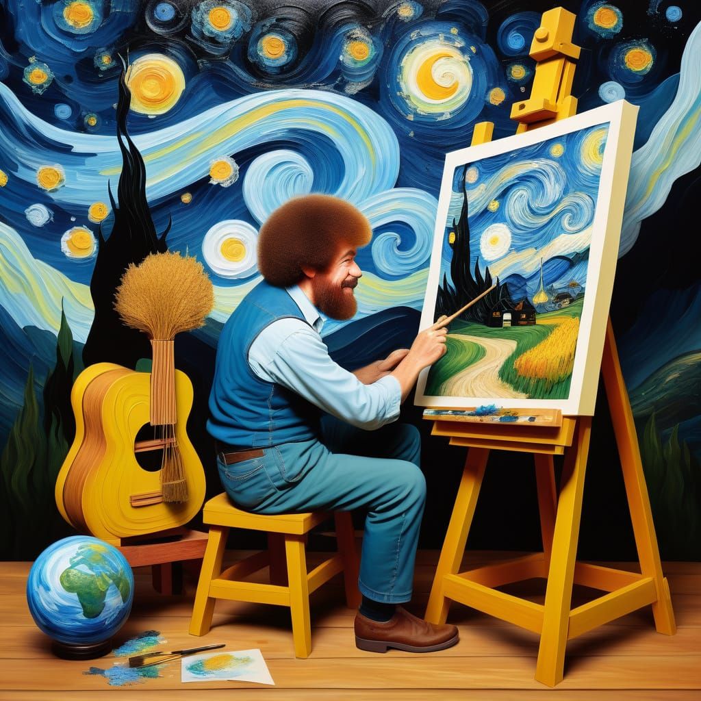 Bob Ross Paints Van Gogh Caricature in Cozy Studio