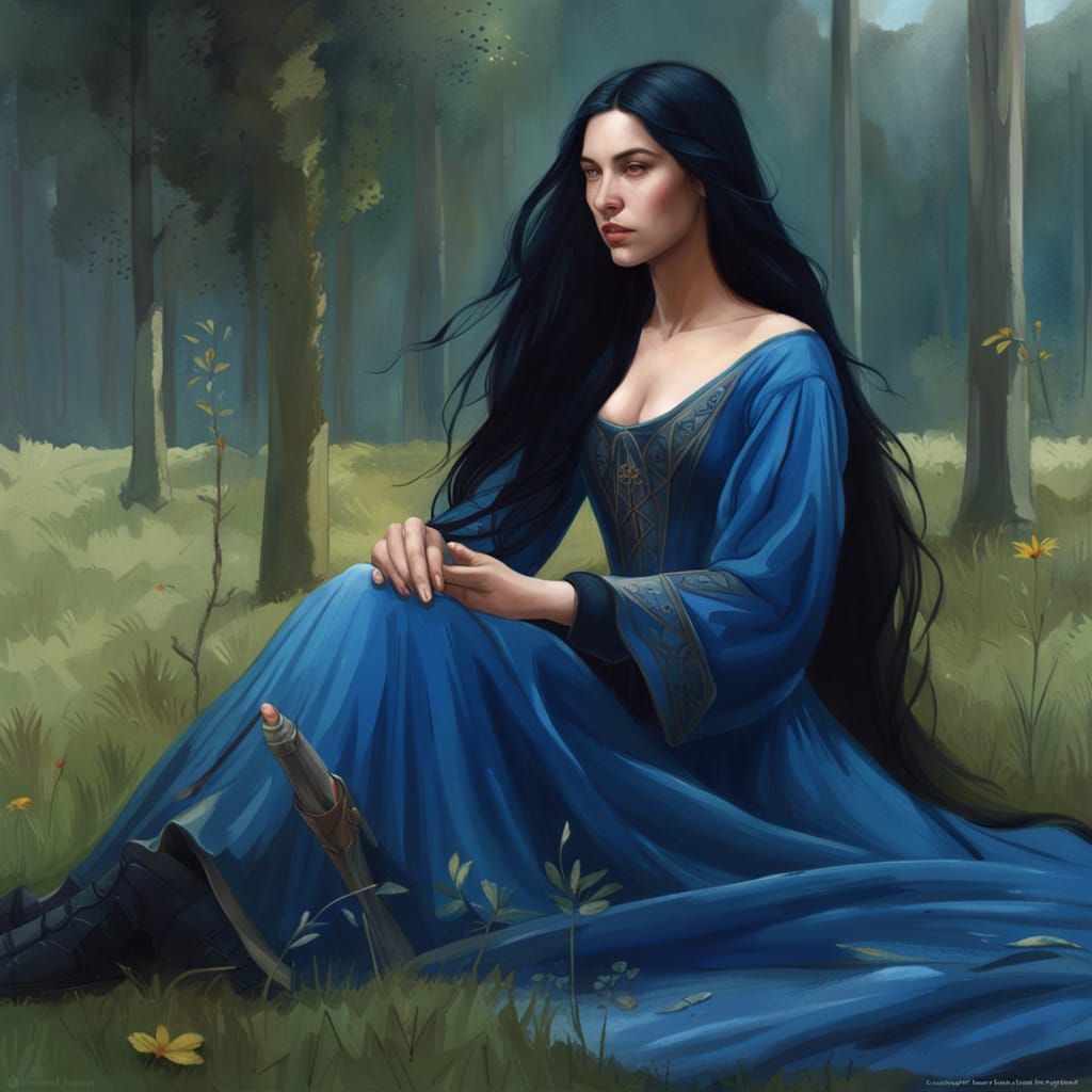 Medieval Woman in Forest: A Detailed Digital Painting