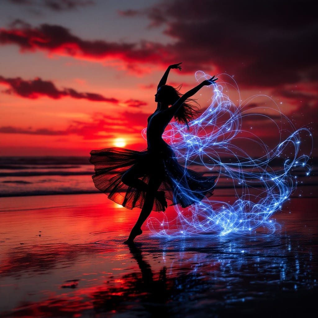 Ethereal Beach Dancer in Cyberpunk Sunset
