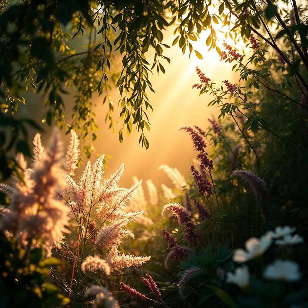 Serene Golden Landscape with Lush Flora