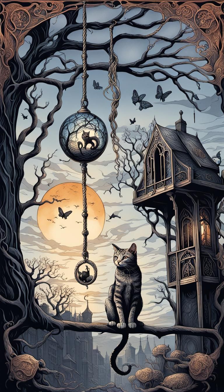 Eerie Etching of Cat Hanging from Tree