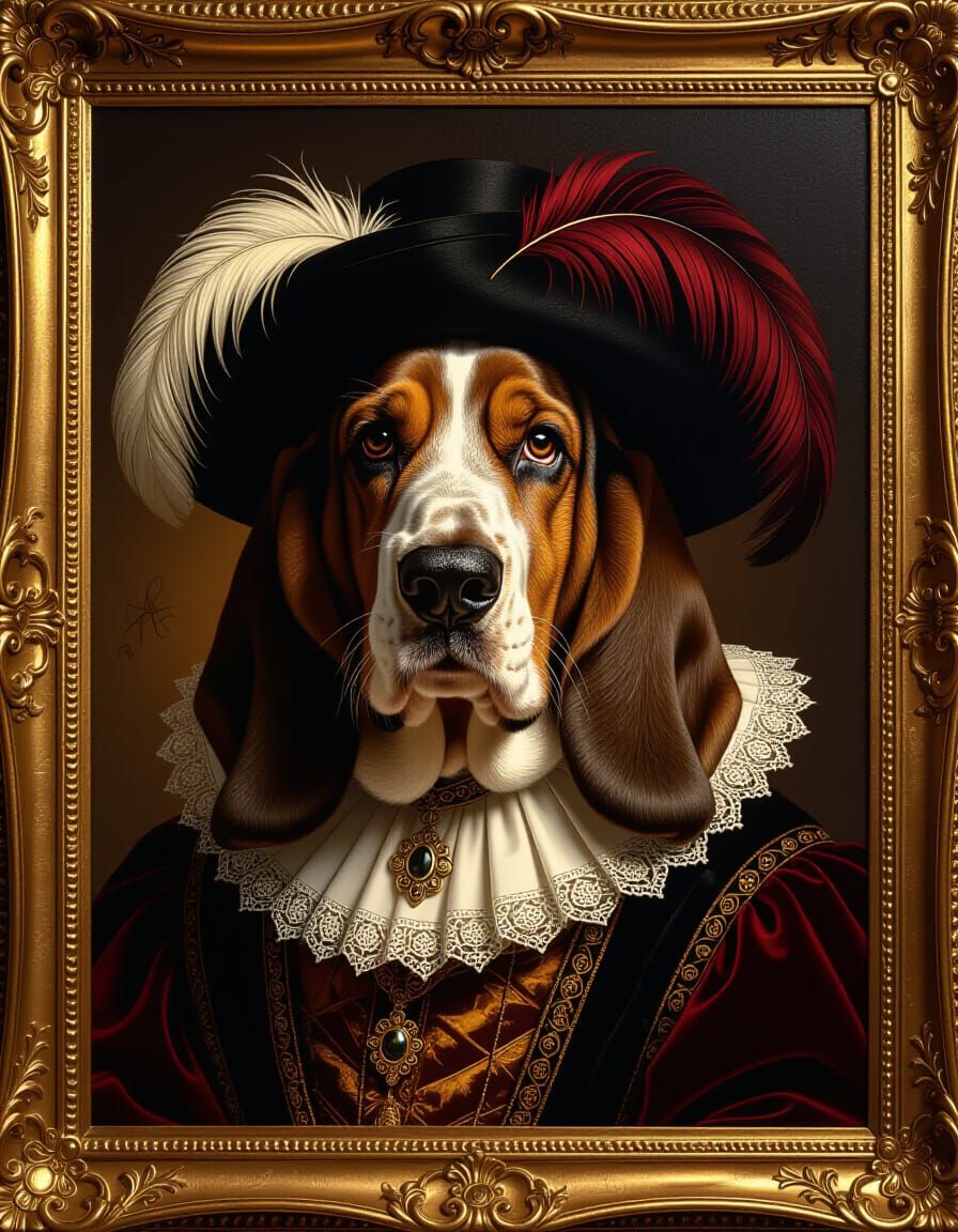 Renaissance Basset Hound Portrait in Gothic Atmosphere