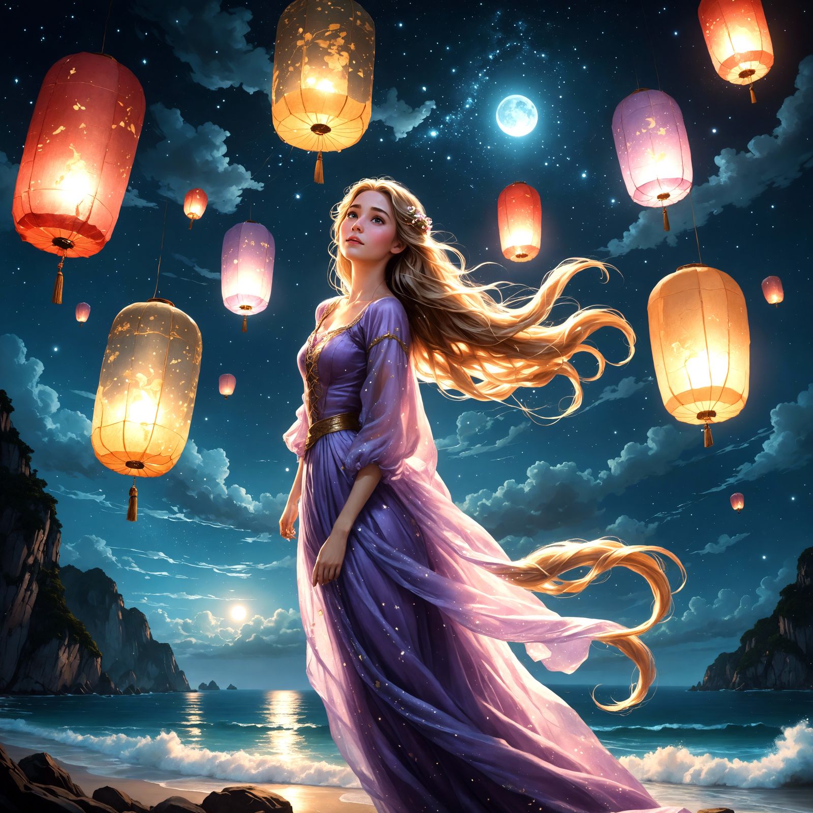 Rapunzel and Giant Lanterns in Night Sky