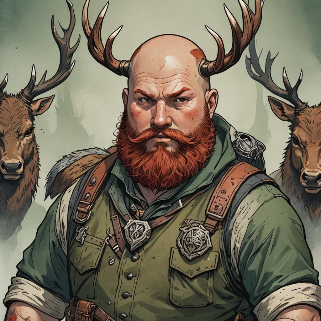 A d&d ranger short, fat, bald with stag tattoo on face, bush...