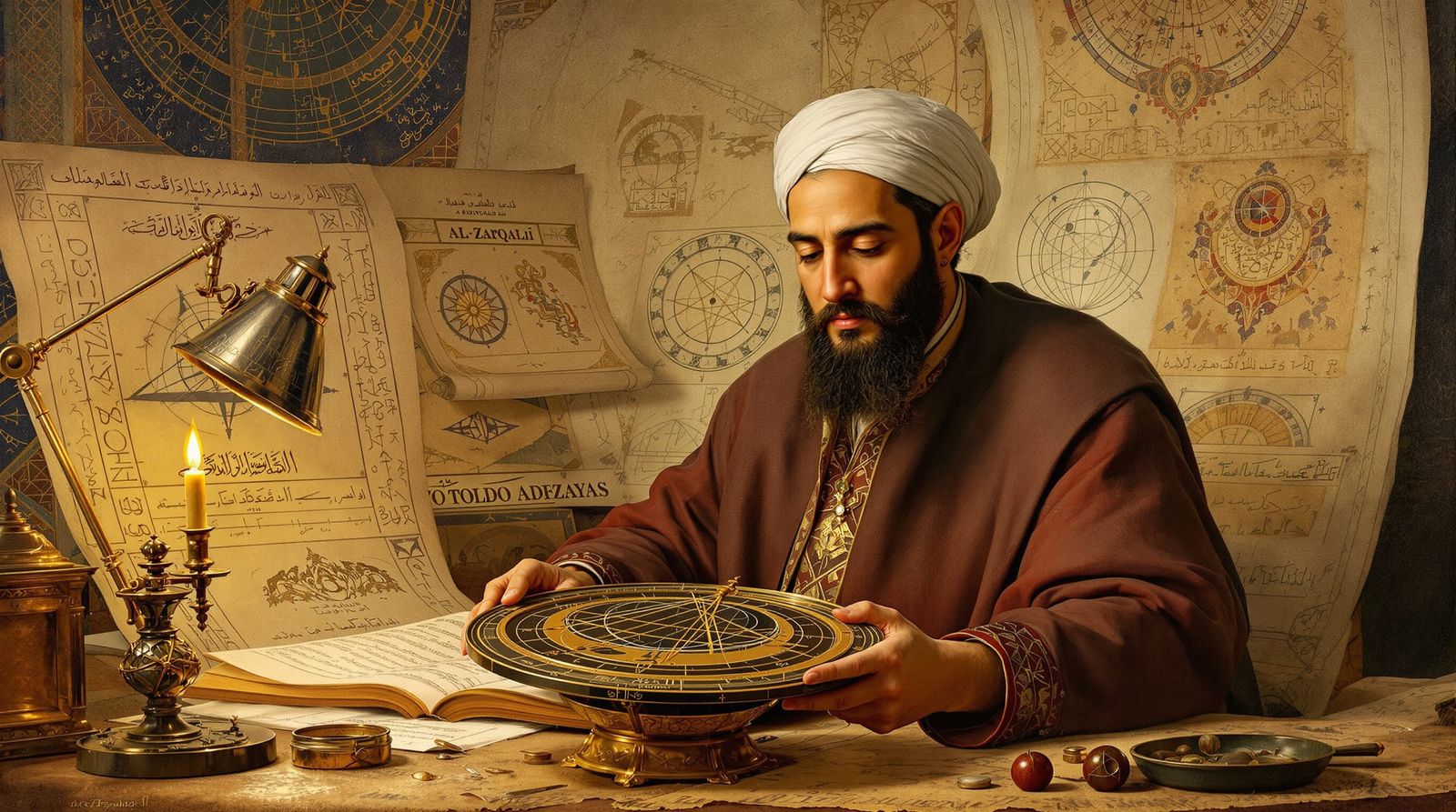 Scholar Al-Zarqali with Astrolabe in His Study