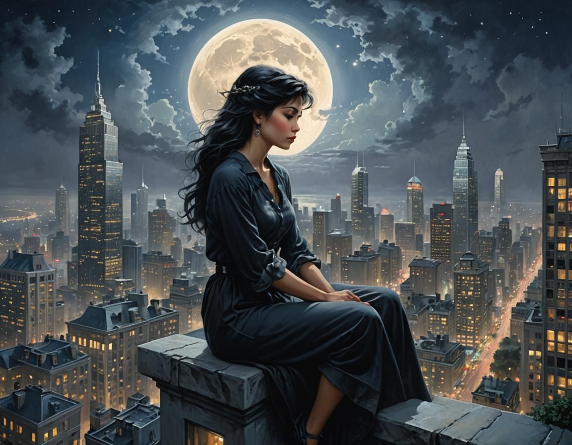 Woman Gazing at Moonlit Cityscape in Ethereal Style