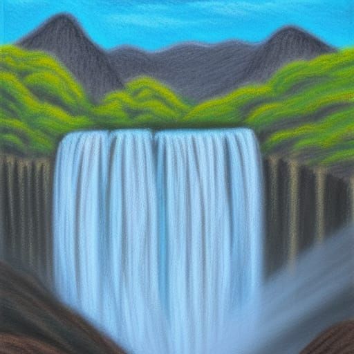 Pastel Mountains and Waterfall Landscape
