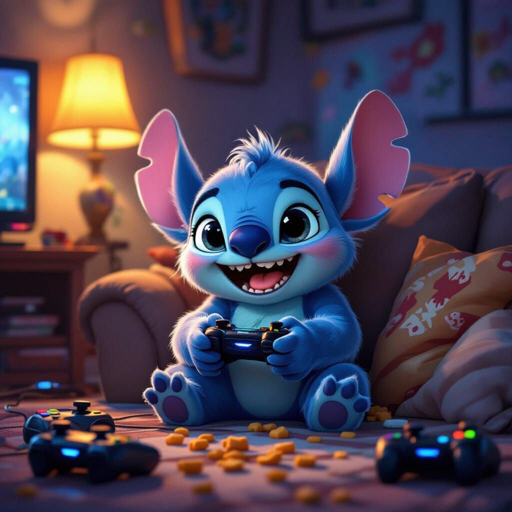 Stitch Enthralled by Video Games, Digital Art