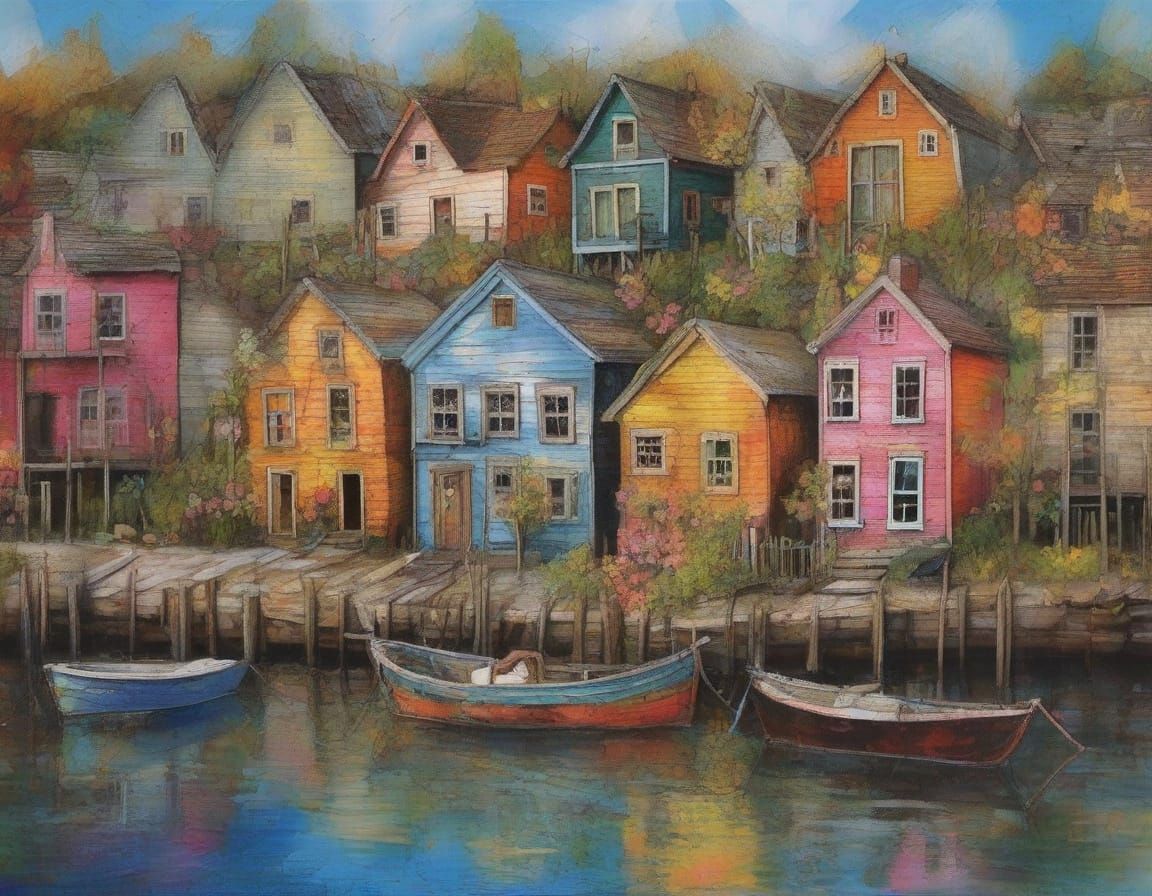 Whimsical Seaside Village in Impasto Mixed Media