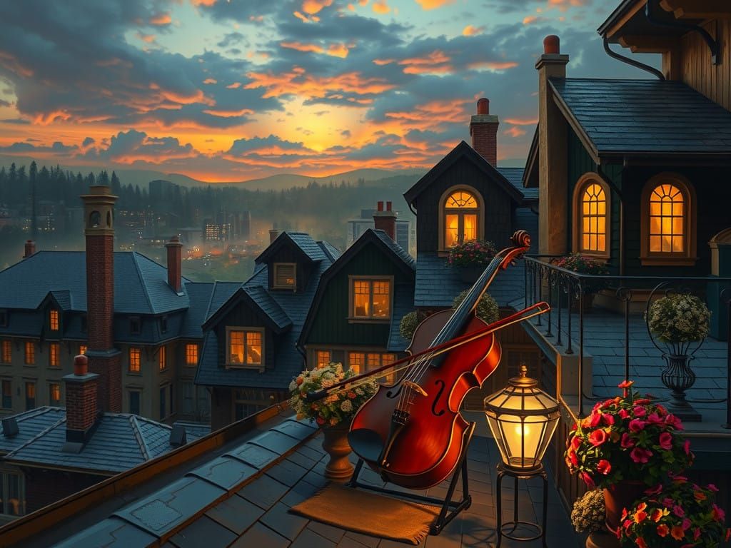 Romantic Rooftop Cellist in Vintage Photography Style