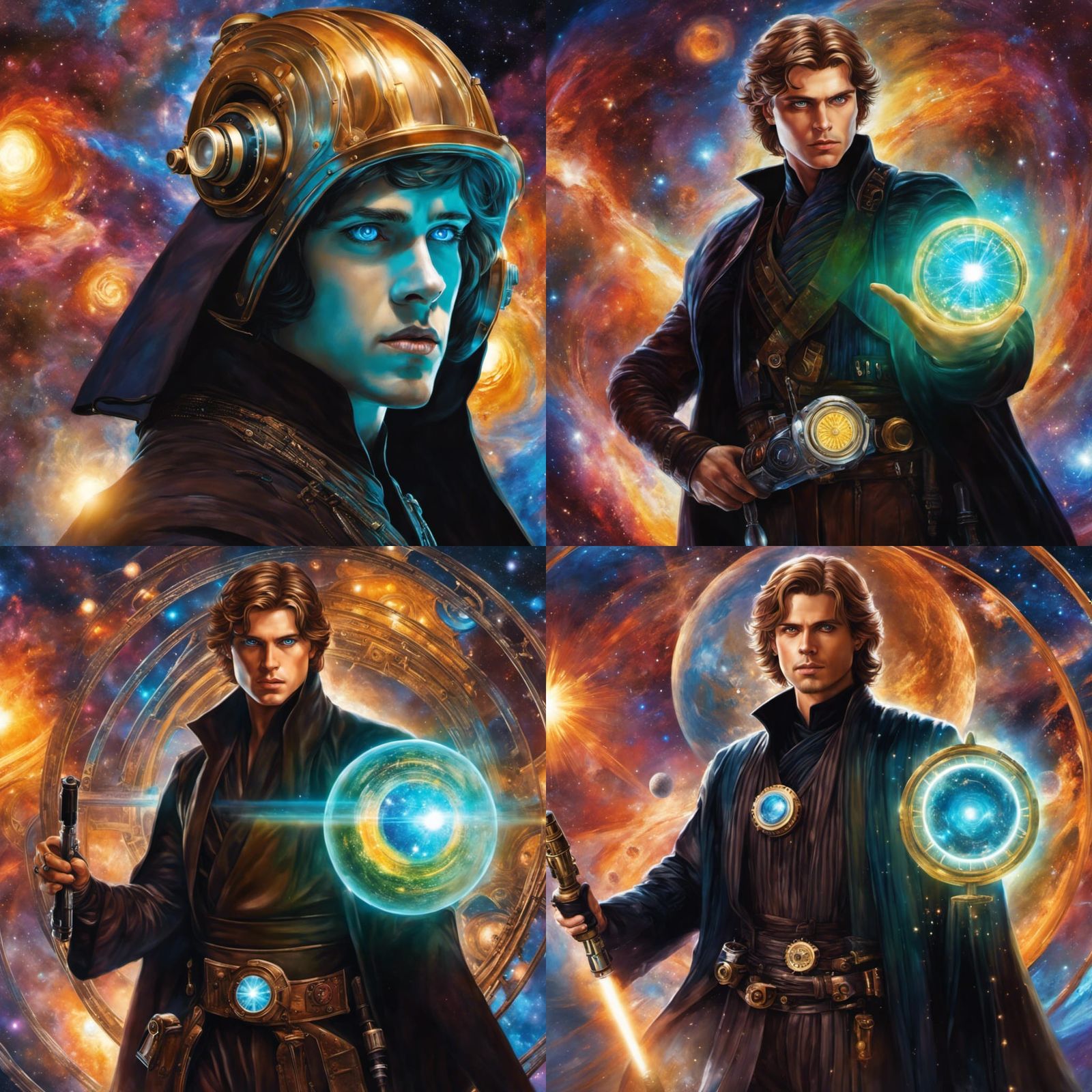 Steampunk solarpunk styled cosmic powered Anakin Skywalker, blue eyes, grand Hubble view cosmos background, neo-impressi...