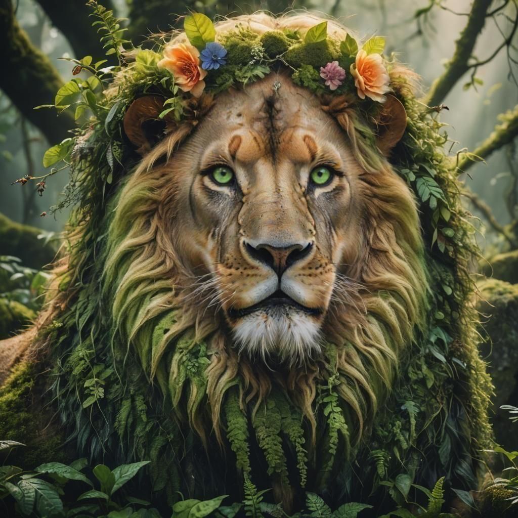 Moss Lion Portrait with Vines and Light Shafts