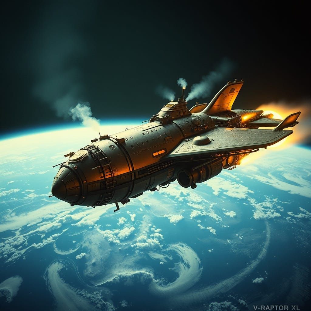 Steampunk Hawk Spaceship Orbits Earth - Cinematic Film Still