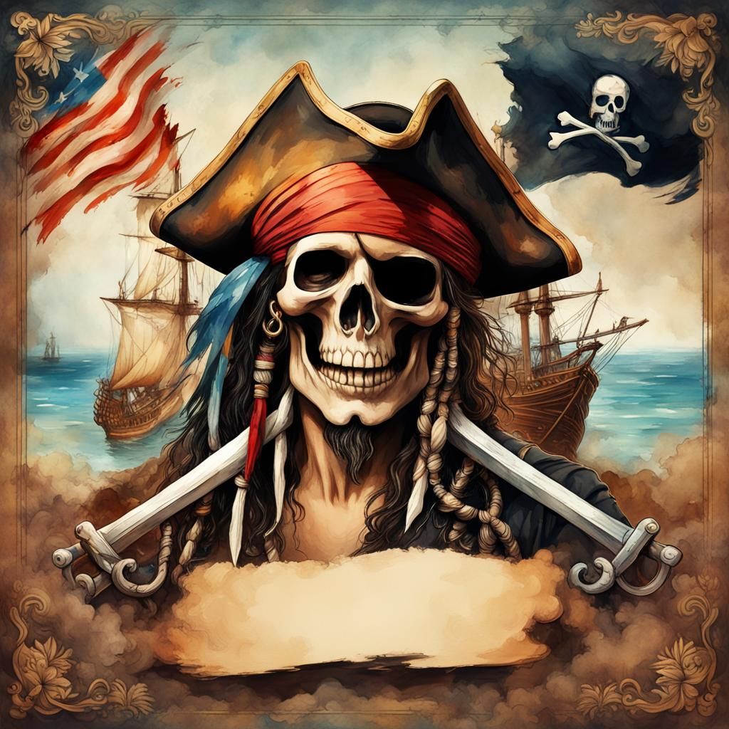 Pirate and Skull Flag in Watercolor Vintage Style