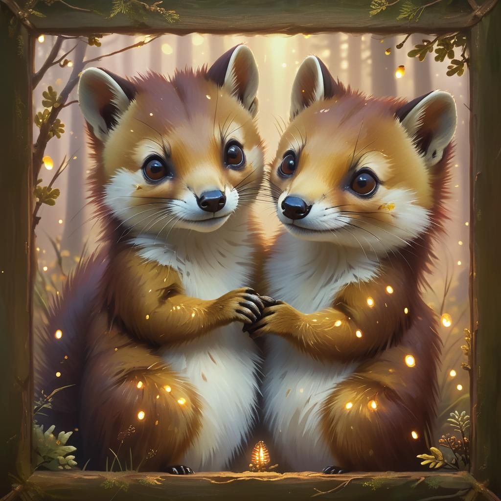 Pine Martens Embrace in Misty Forest Glade