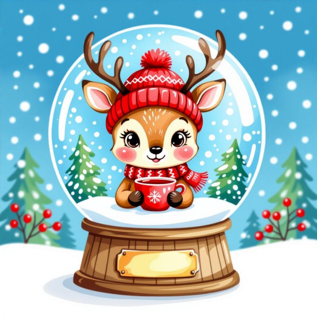 Cozy Watercolor Deer in Snow Globe Illustration
