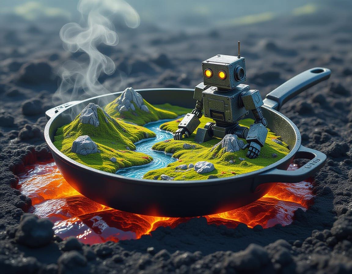 Robot in Frying Pan Landscape: Spray Paint Art