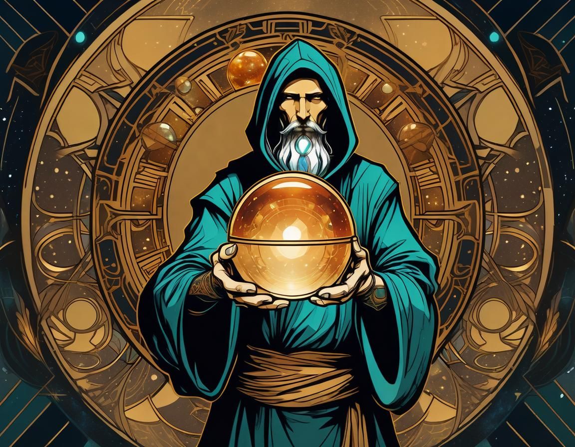 Hooded Warlock with Galaxy Ball, in Art Nouveau Style
