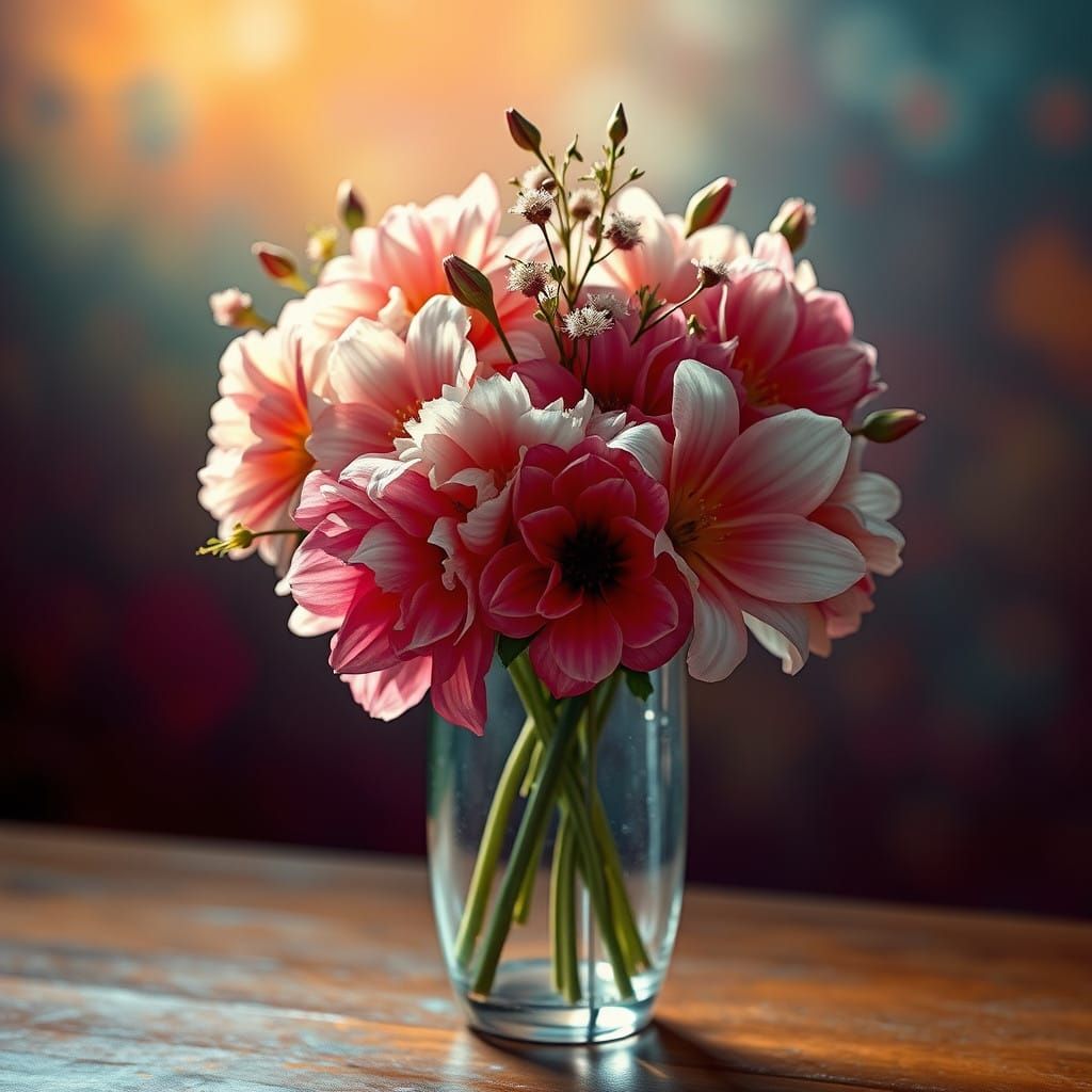 Hyperrealistic Floral Arrangement in Vibrant Glass Vase