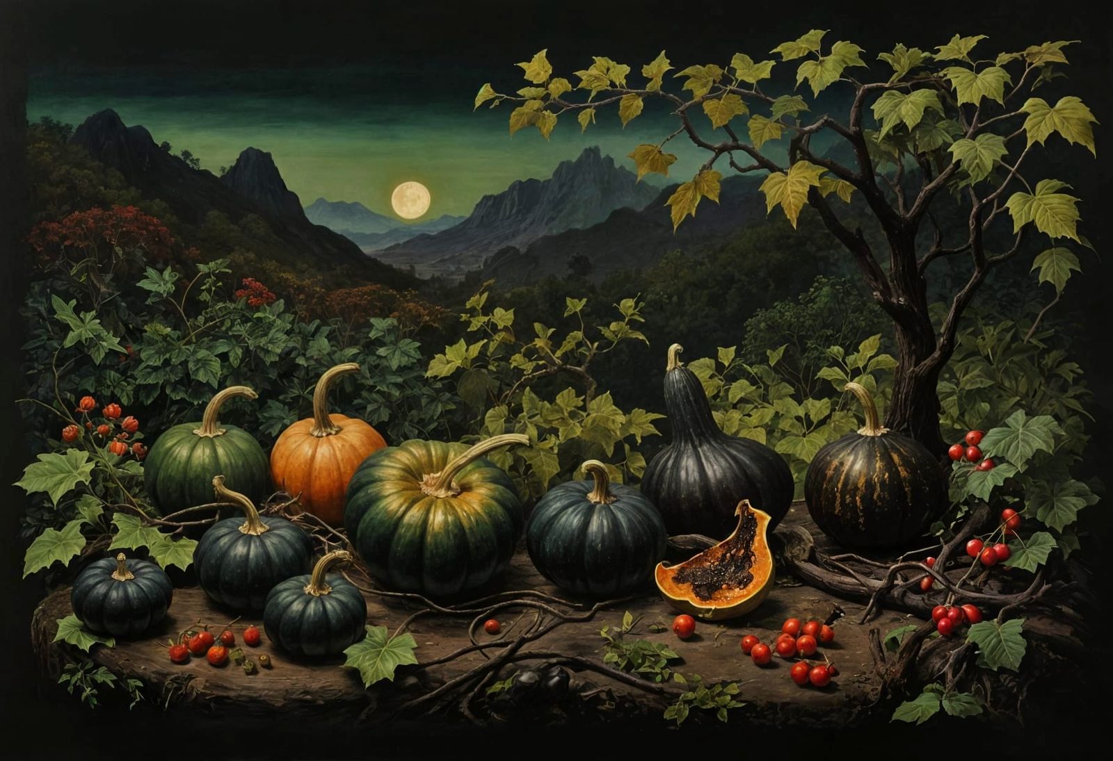 Gourds in Lush Garden: Antique Watercolor Painting