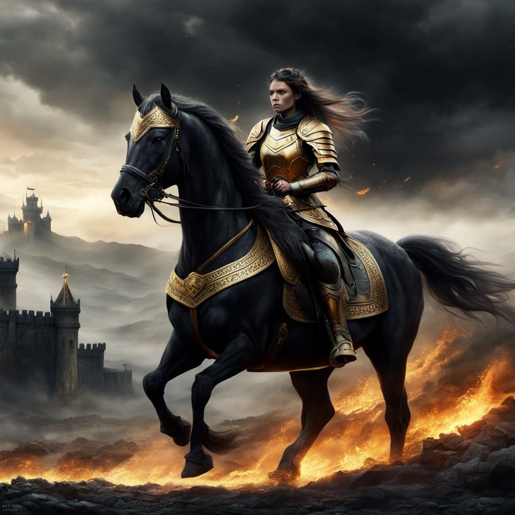 Epic Fantasy Warrior Rides Gold Armoured Horse into a Dramat...