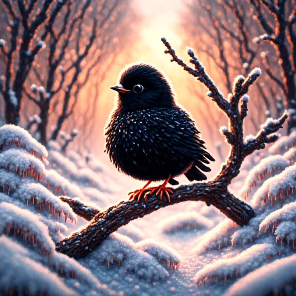 Adorable Yarn Bird in Winter Forest