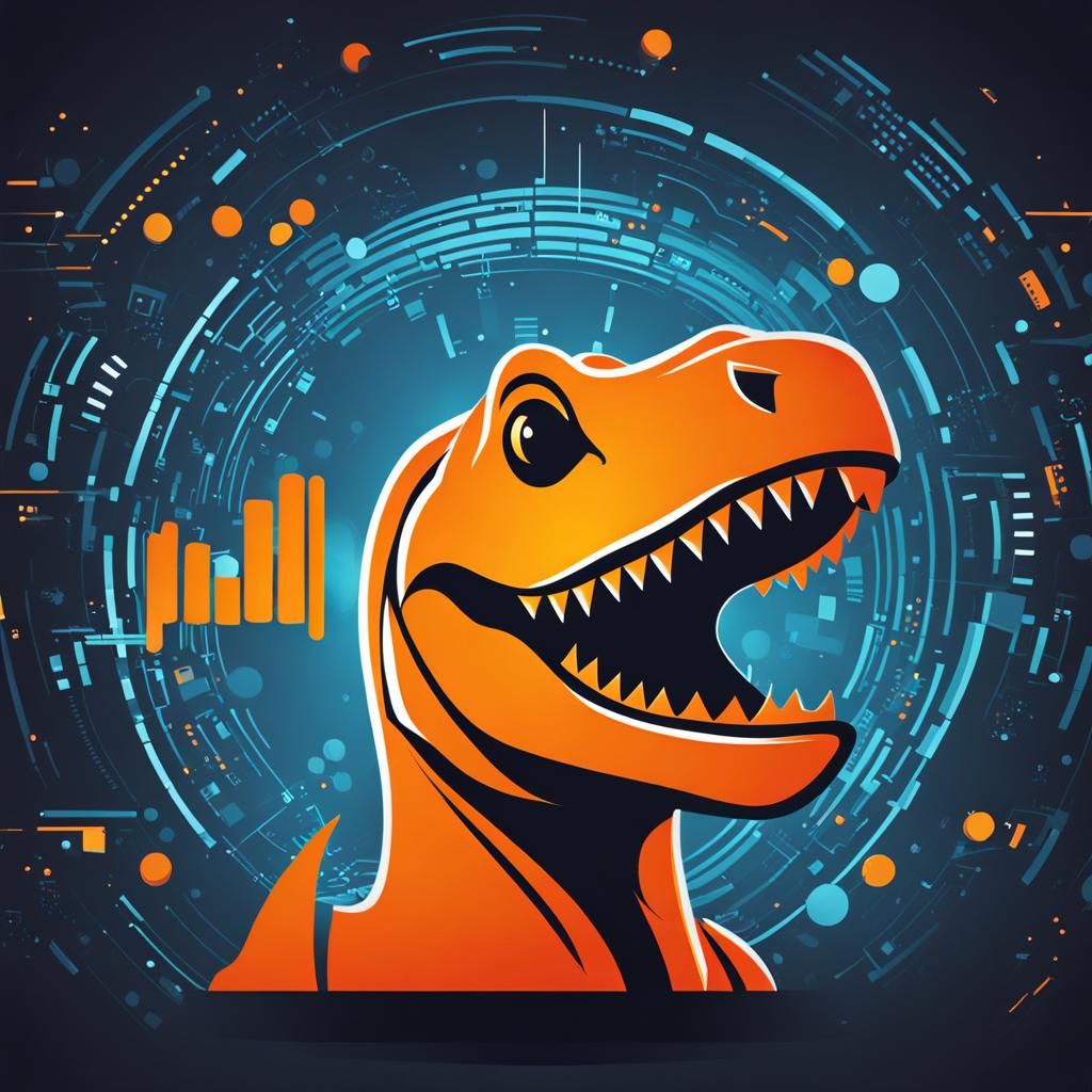 Orange Trex Head Logo with Abstract Code Background