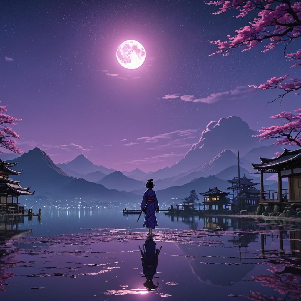 Geisha Ninja Hero Under Purple Moon in Anime Style