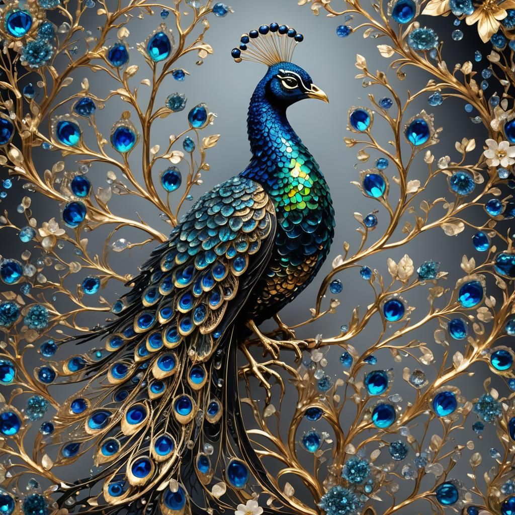 Crystallized Peacock: A Bioluminescent Fantasy Bird