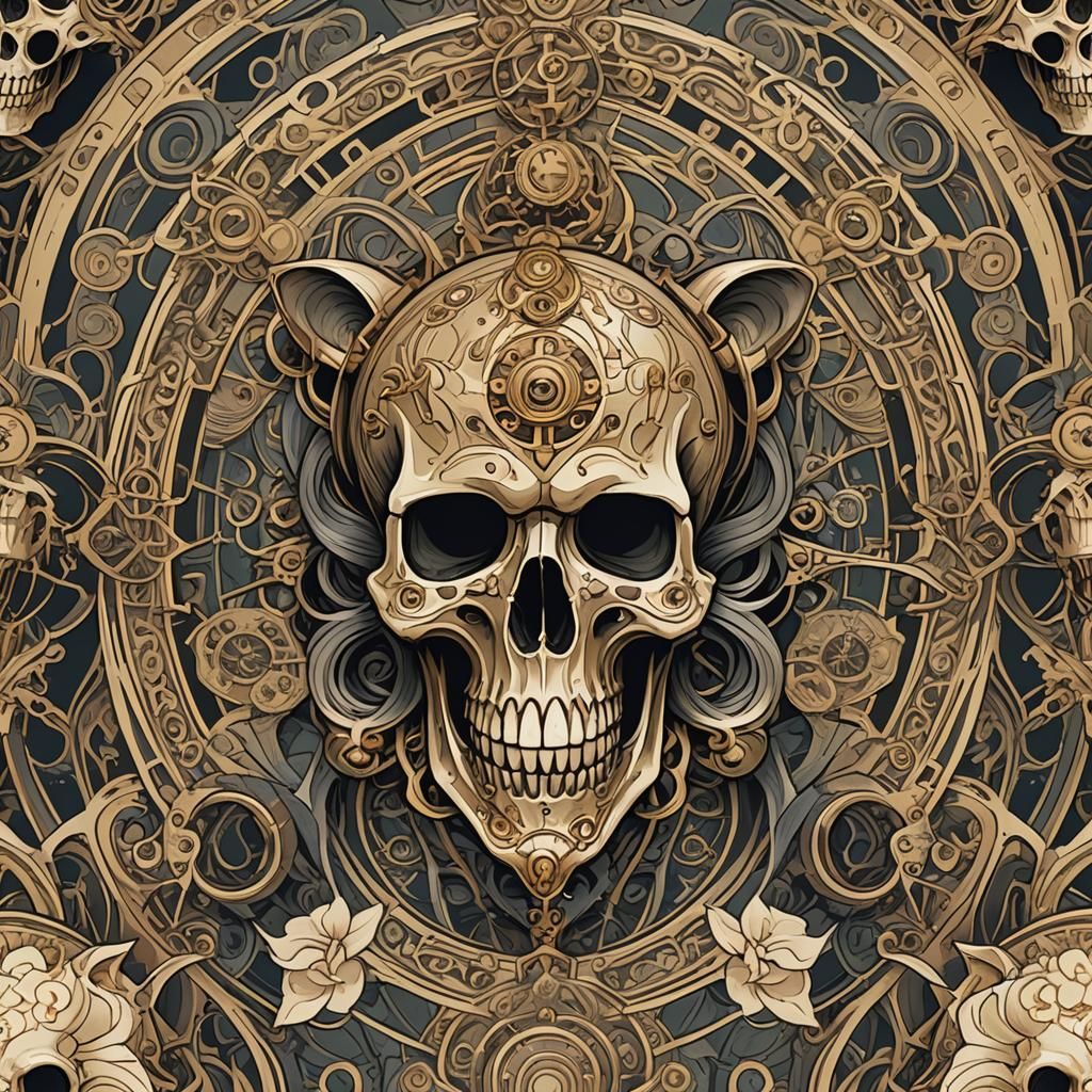 Art Nouveau Maneki Neko Skull Steampunk Pattern