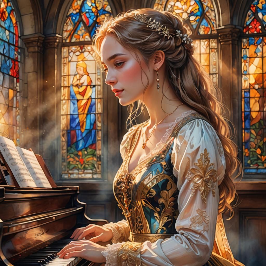 Medieval Watercolor Portrait of Woman at Piano