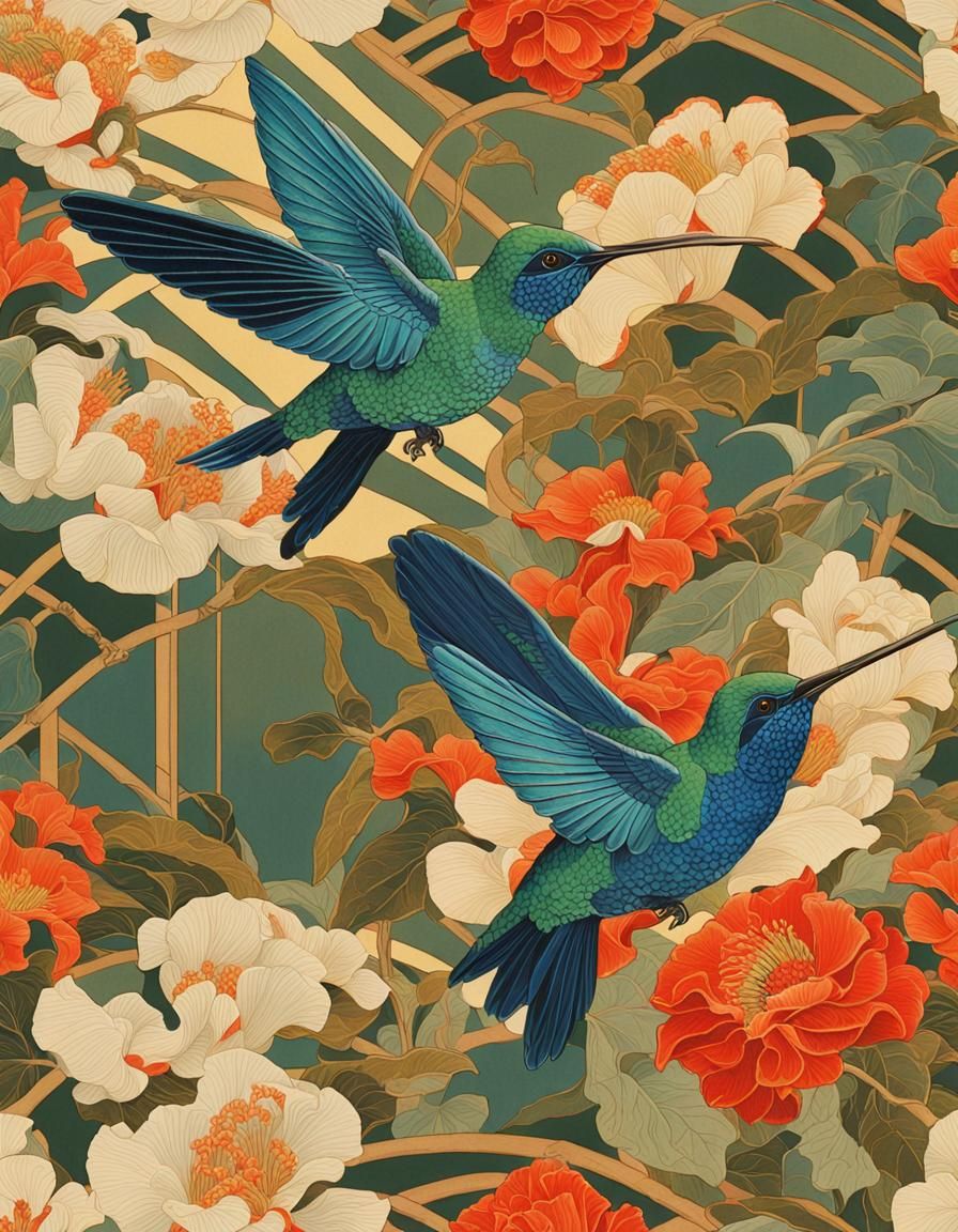 Ukiyo-e Hummingbirds and Flowers in Art Deco Style