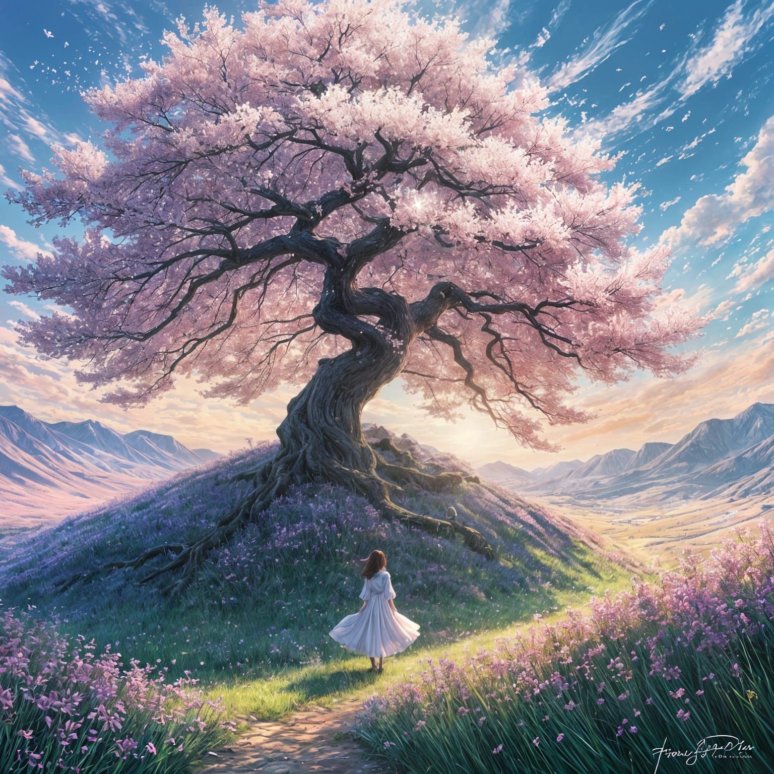 Tranquil Meadow with Blooming Cherry Tree