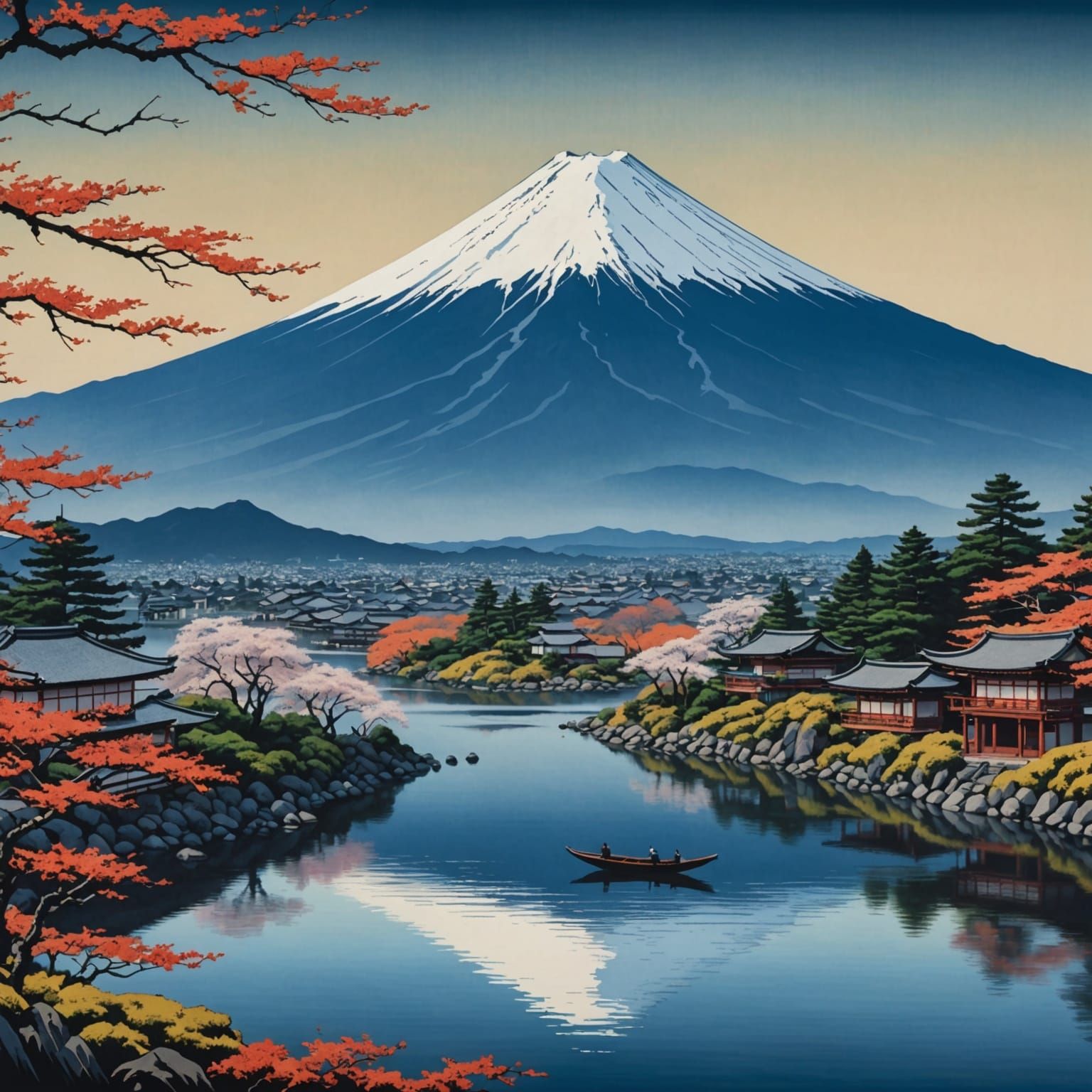 Mount Fuji in Ukiyo-e Style Serene Landscape