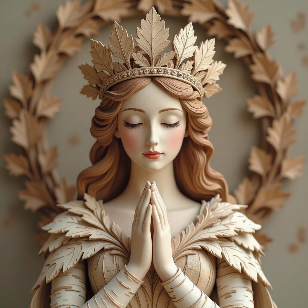 Wooden Queen with Leaf Crown in Art Nouveau Style