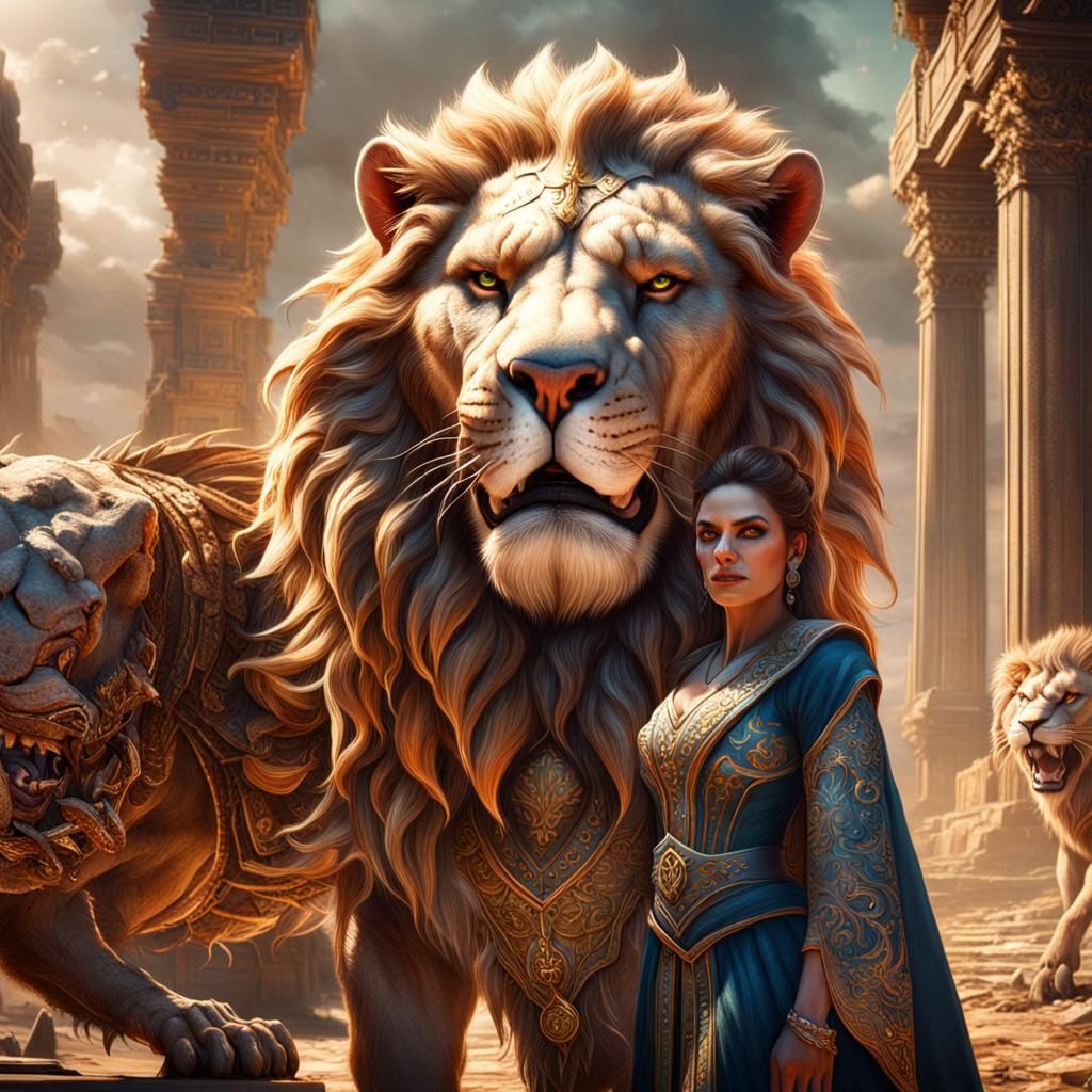 Furious Lion and Smirking Woman: Fantasy Concept Art