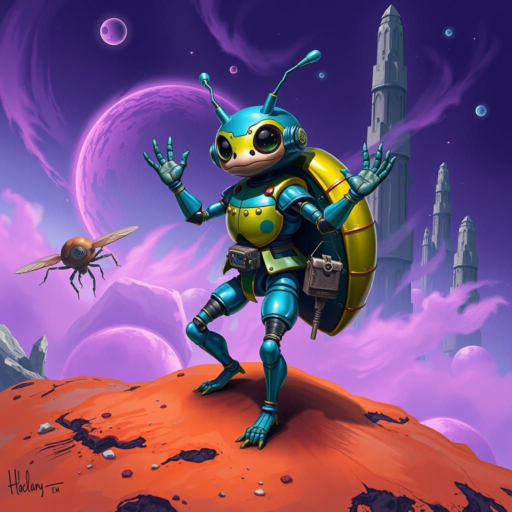 Iridescent Alien Explorer on Rusty Planet