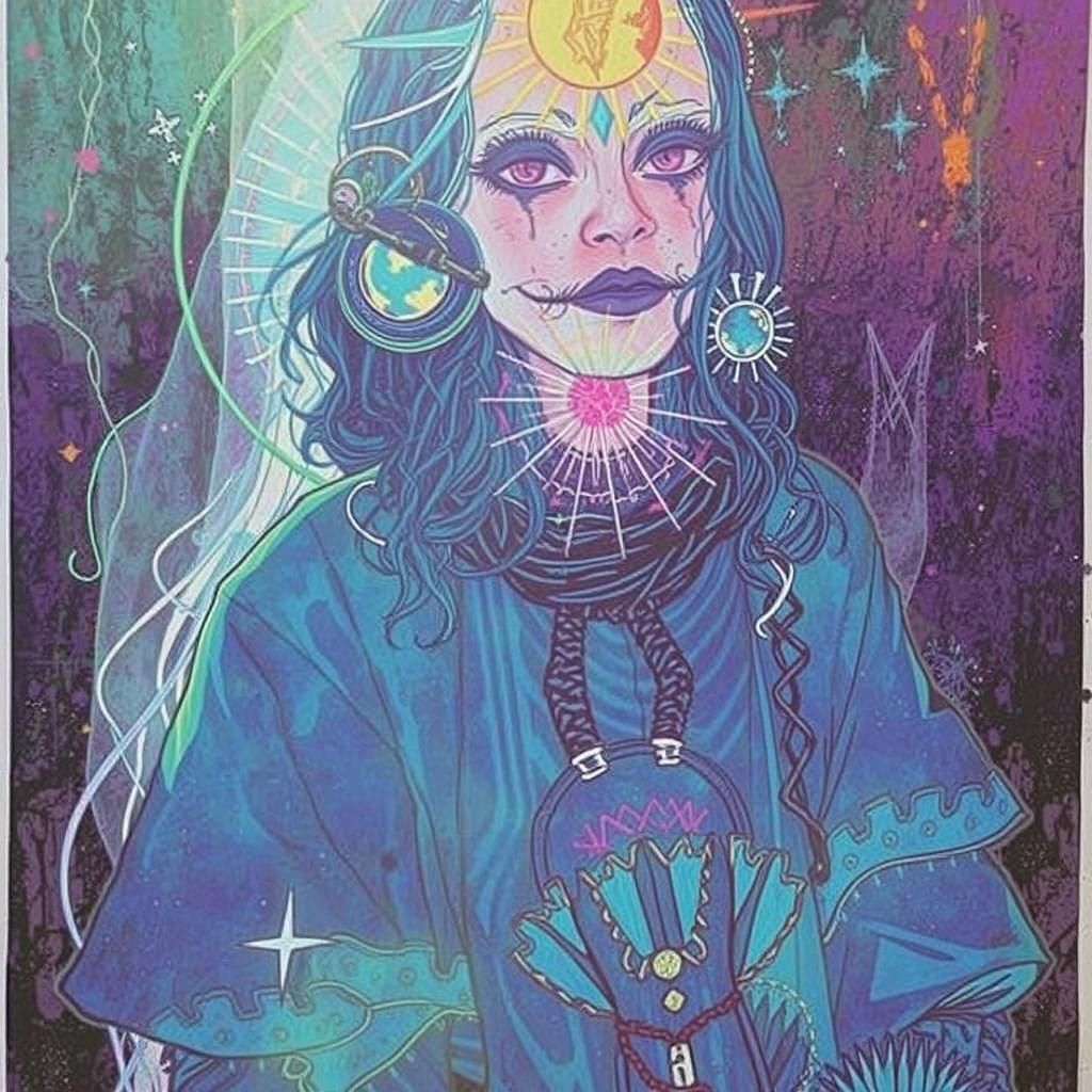 Solar Goth Bride in Post-Apocalyptic Monoprint Style