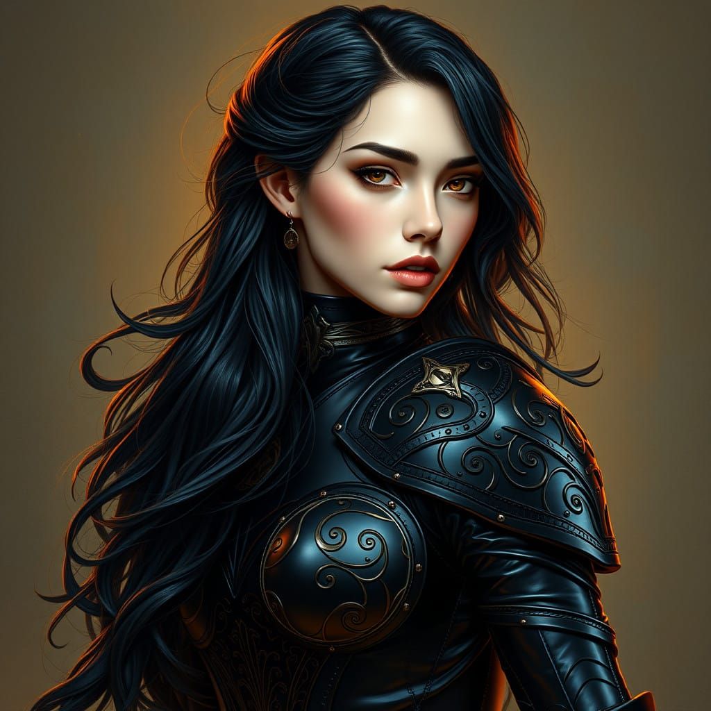 Divine Beauty Goddess in Luxurious Black Leather Armor